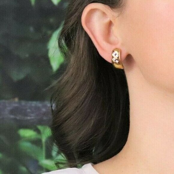 Gold Over Sterling Silver CZ Earrings J Hoop Earrings - Picture 2 of 8